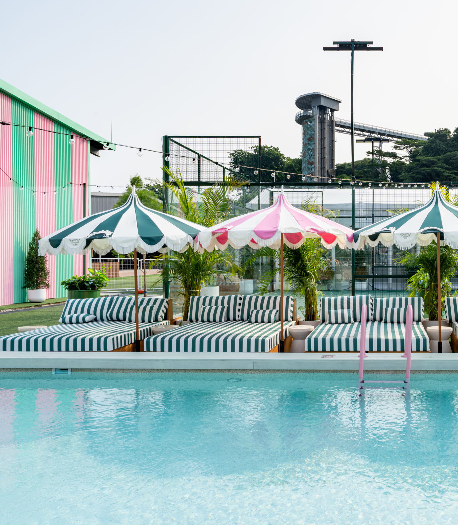 Palms behind striped poolside loungers and parasols at Mandala Racquet Club.