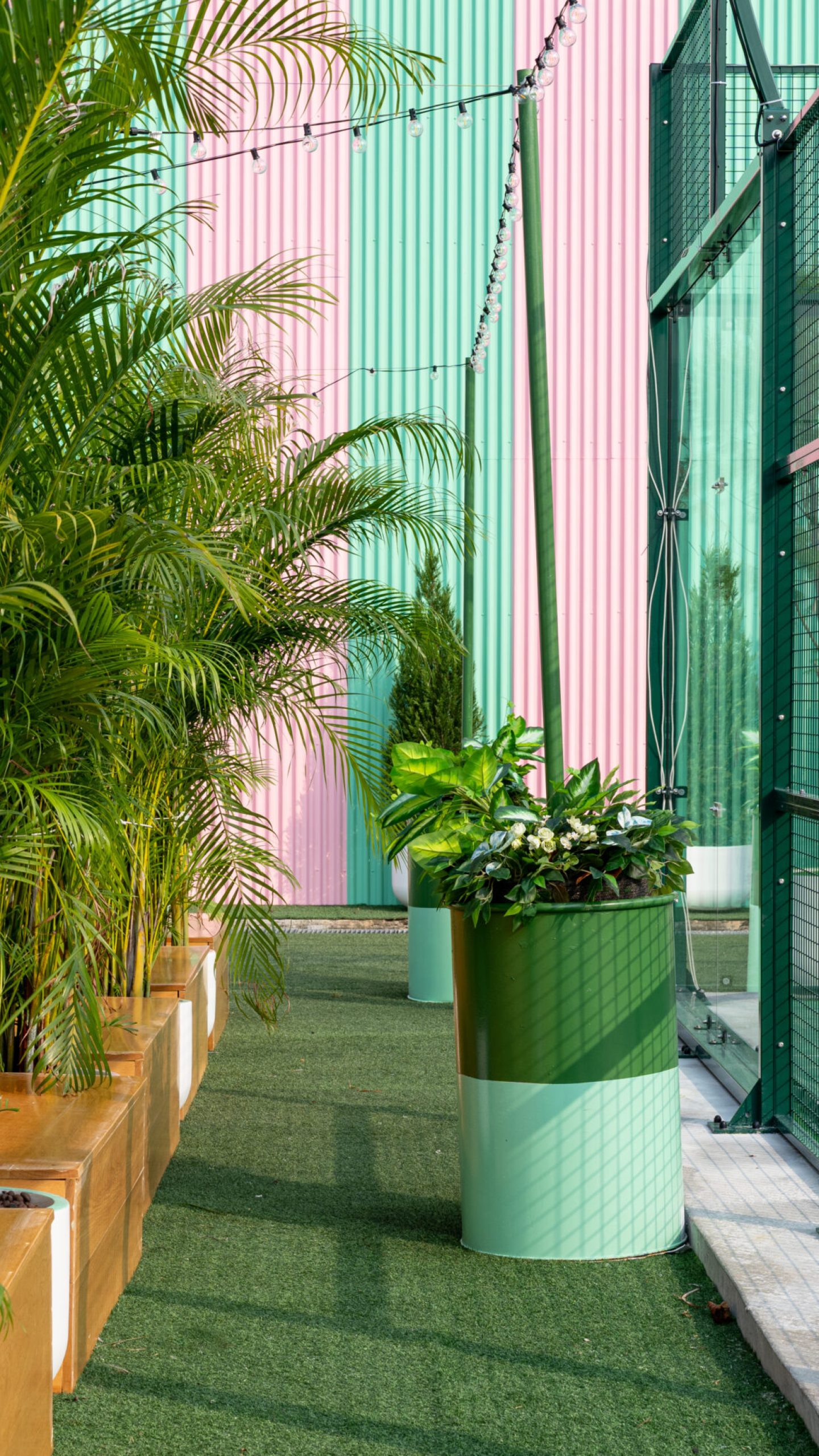 Palms and two-tone green planters lining the passage between poolside seating and a court.