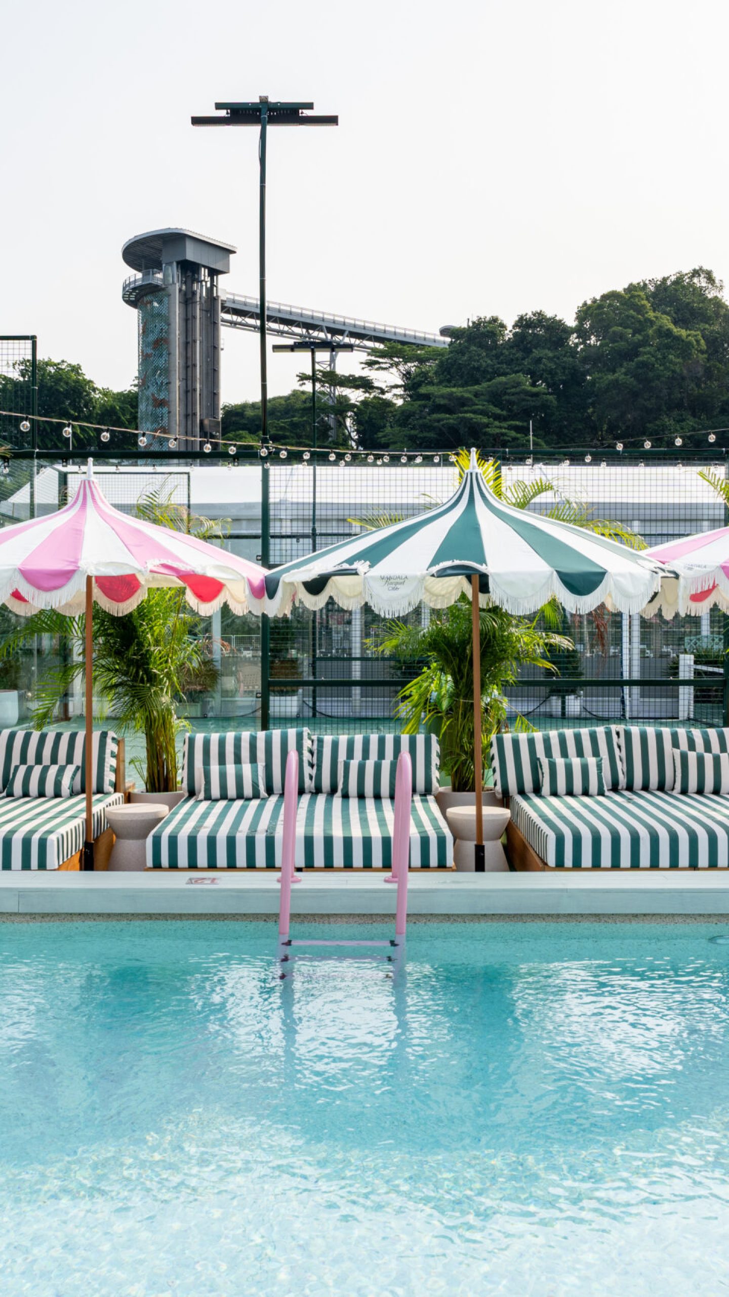 Palms behind striped poolside loungers and parasols at Mandala Racquet Club.